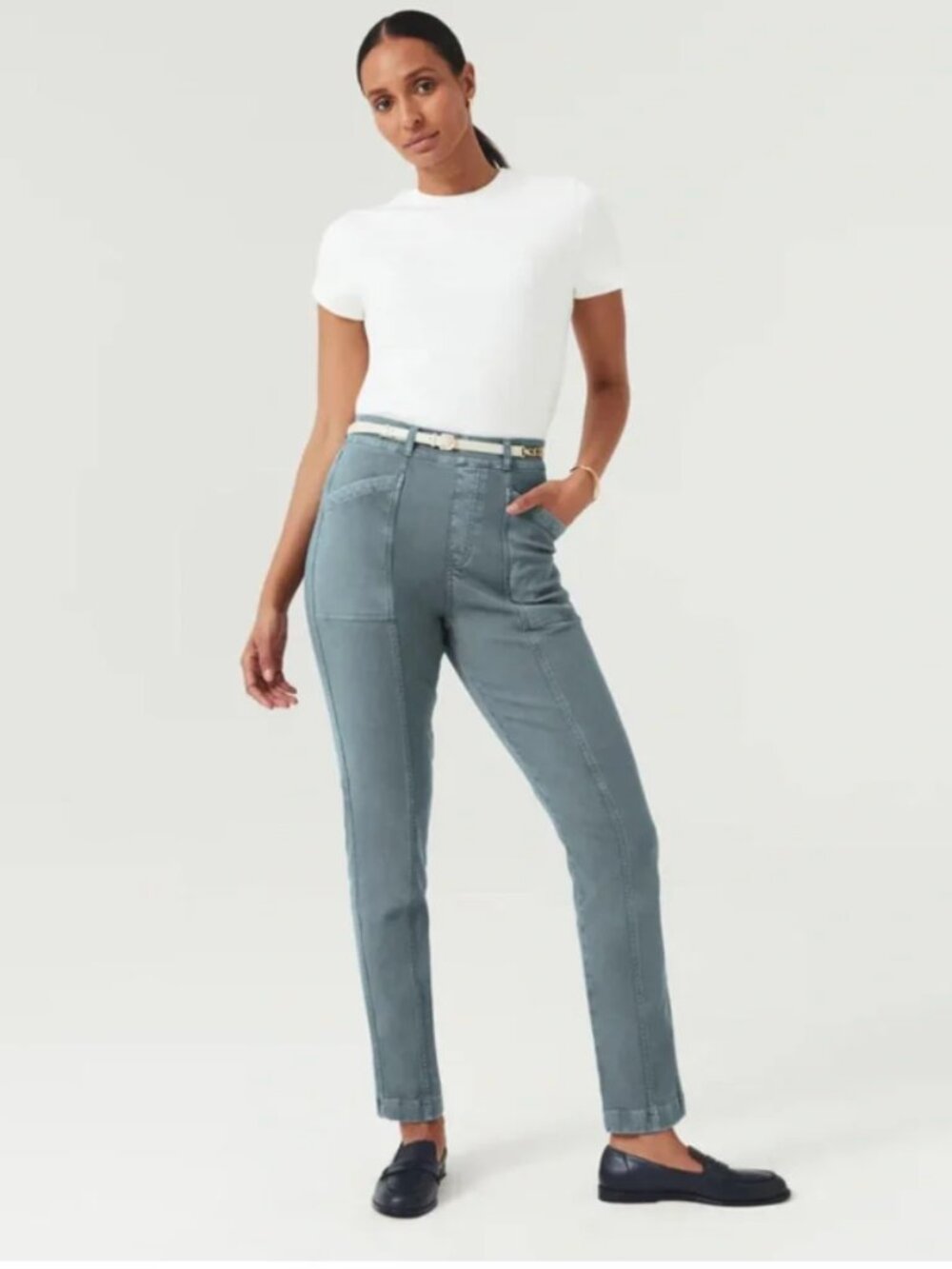 SPANX Hazy Slate Grey Blue High-Rise Straight Leg Twill Pants